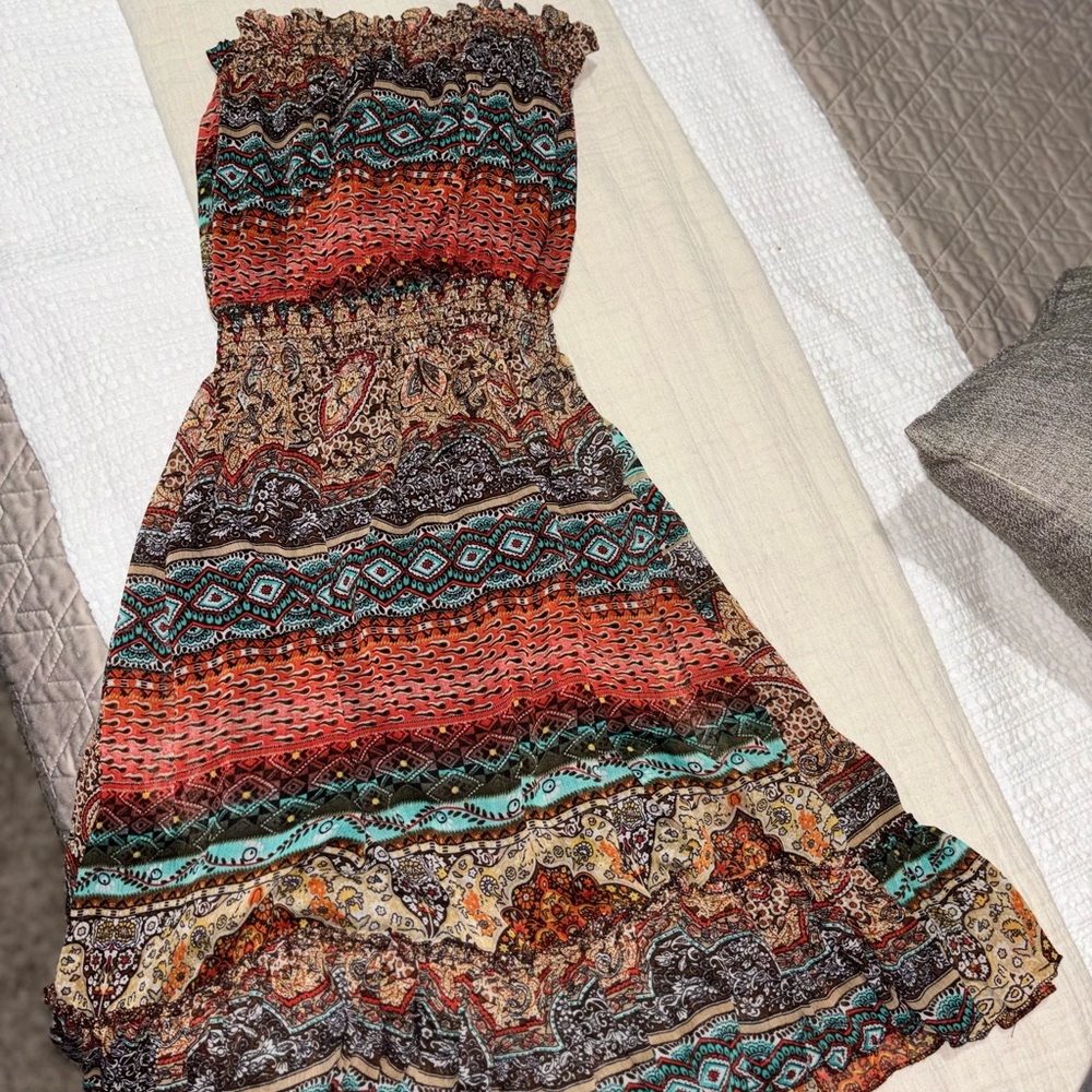 Poetry Strapless Dress in Orange and Blue